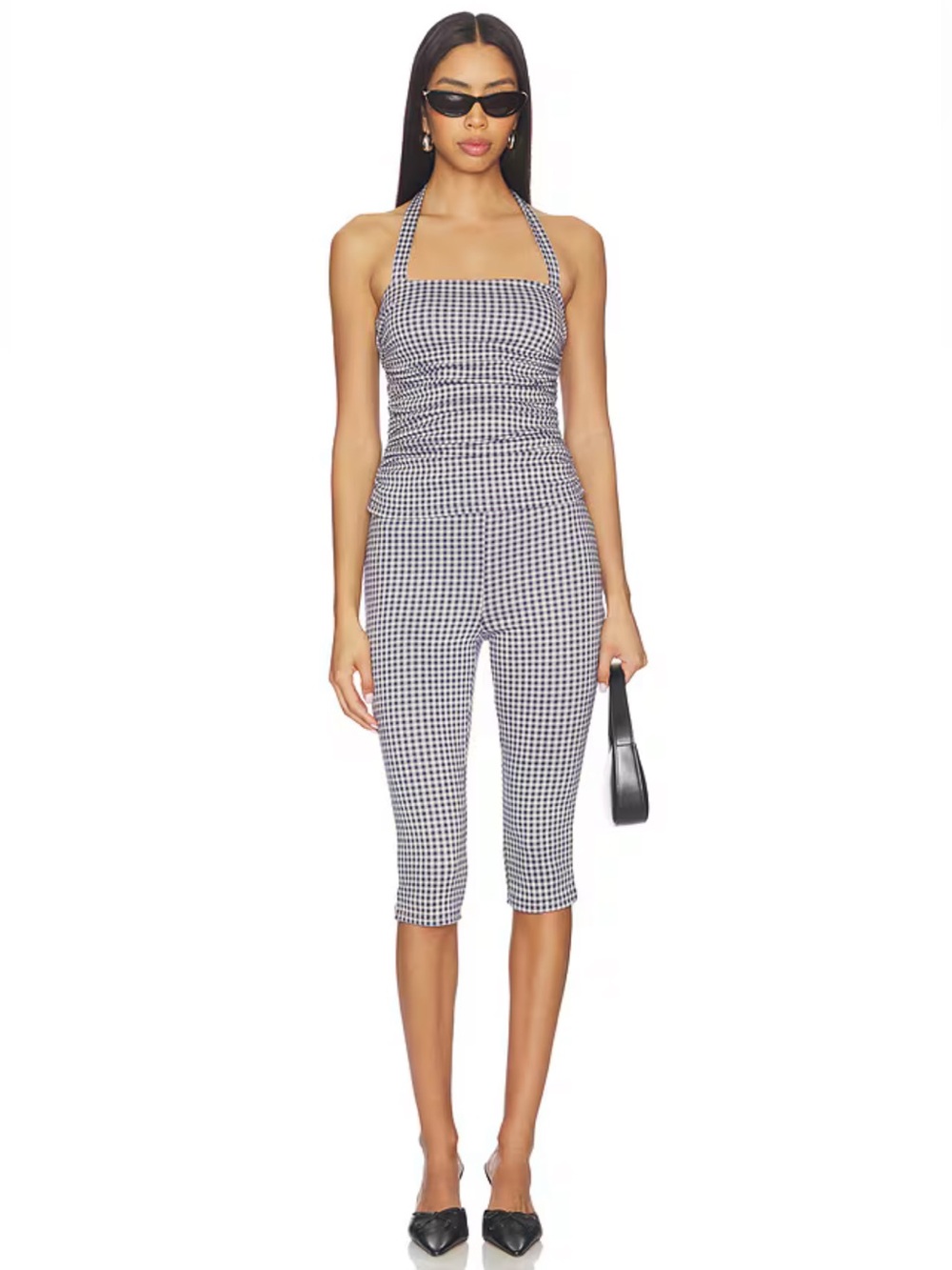 More To Come Revolve Navy White Gingham 2 Piece Halter Top Capri Pants Set NWT